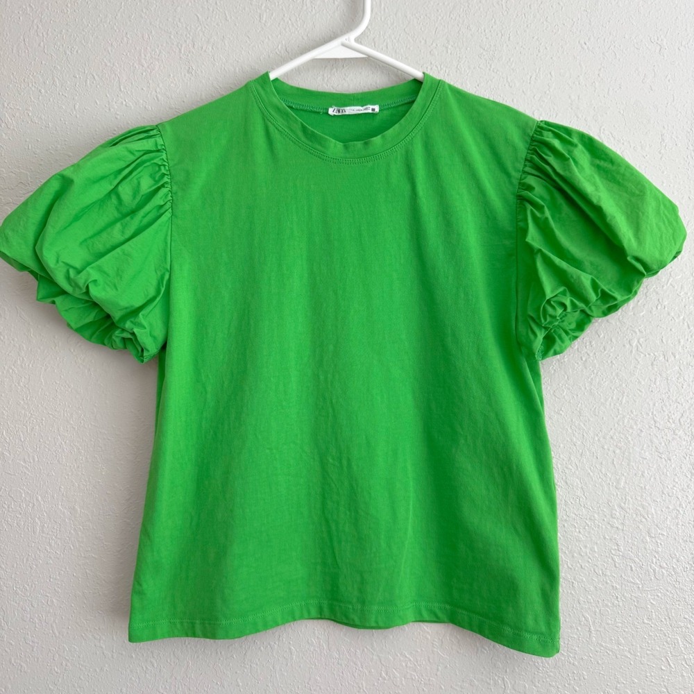 Zara Green Puff Sleeve Cotton T-Shirt Crew Neck Short Sleeve Small
